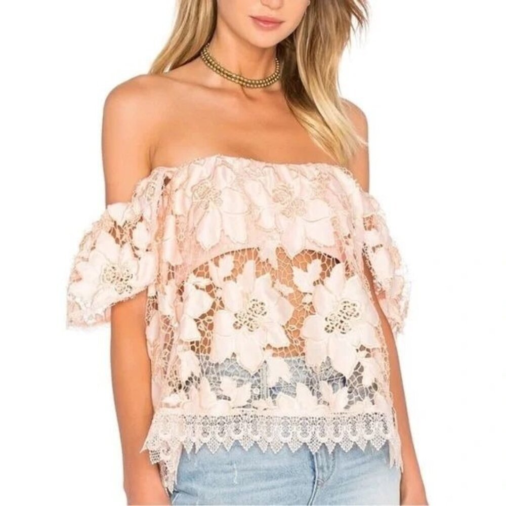 Lover + Friends Women's Pink Life's a Beach Off the Shoulder Lace Crop Top Small